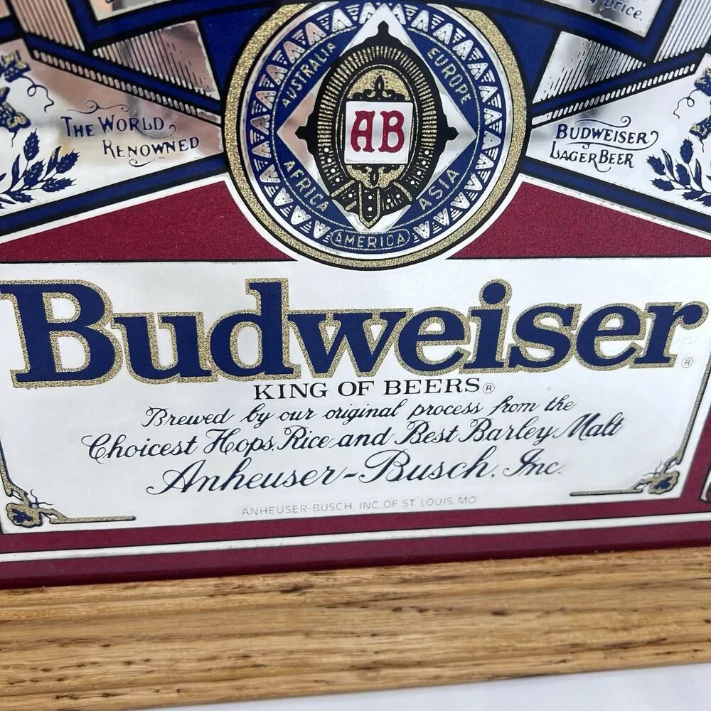Vintage Budweiser Beer Advertising Solid Wood Framed Mirror Sign Bud-NOS 1981